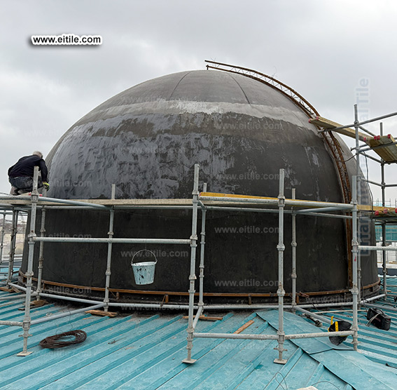 Professional dome tile company in Uzbekistan installing handcrafted seven-color tiles on dome, www.eitile.com