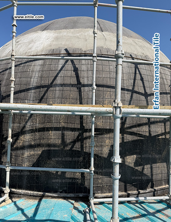Professional dome tile company in Uzbekistan installing handcrafted seven-color tiles on dome, www.eitile.com