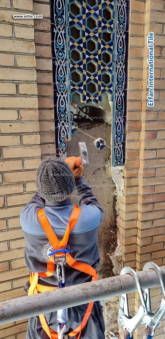 Professional team designing, manufacturing, and installing handmade ceramic tiles for an architectural facade in Uzbekistan, www.eitile.com