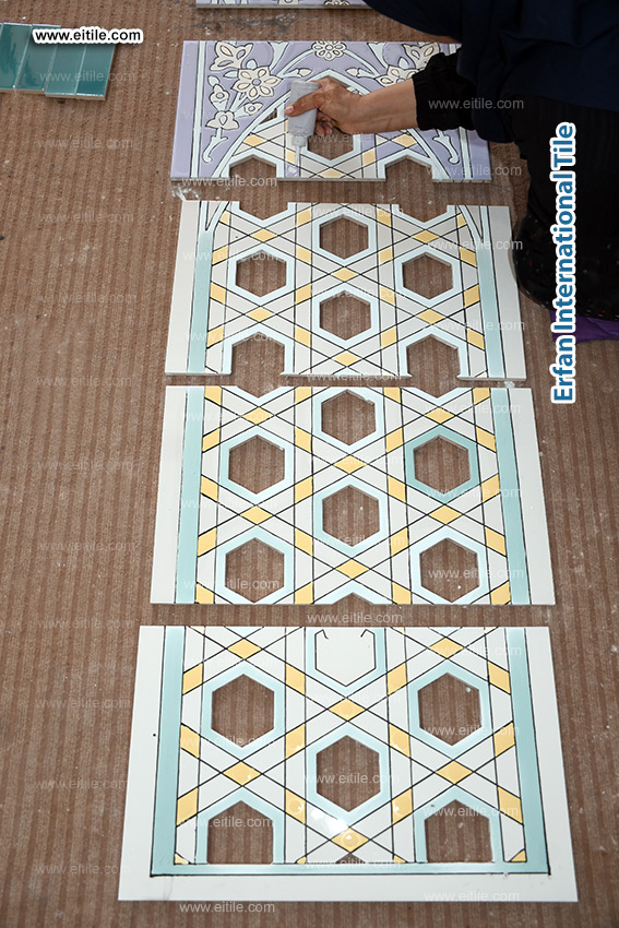 Custom handmade ceramic tiles for dome neck windows, combining geometric Islamic patterns and floral ornamentation at Imam Al-Maturidi’s Mausoleum, www.eitile.com Custom handmade ceramic tiles for dome neck windows, combining geometric Islamic patterns and floral ornamentation at Imam Al-Maturidi’s Mausoleum, www.eitile.com