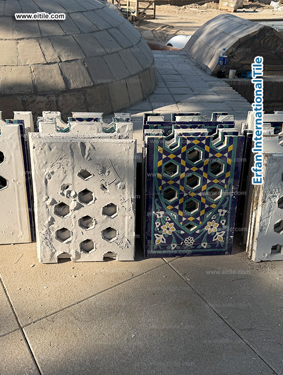 Handmade decorative tiles for the dome&rsquo;s neck windows, combining geometric and floral designs in seven-color craftsmanship, www.eitile.com