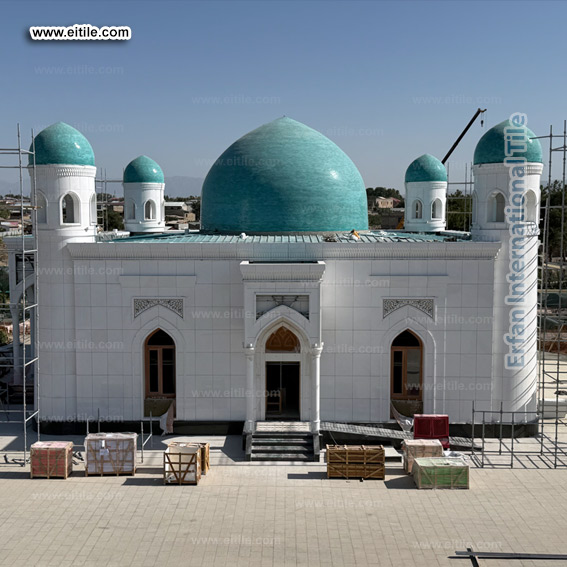 Professional dome tile company in Uzbekistan installing handcrafted seven-color tiles on dome, www.eitile.com