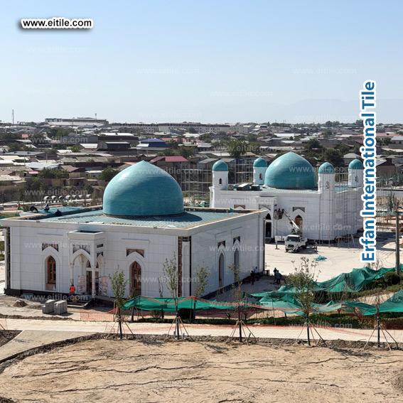 Professional dome tile company in Uzbekistan installing handcrafted seven-color tiles on dome, www.eitile.com