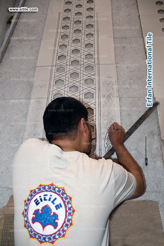 Flat façade tile panels featuring traditional Islamic patterns and ventilation openings in Samarkand, www.eitile.com Flat façade tile panels featuring traditional Islamic patterns and ventilation openings in Samarkand, www.eitile.com